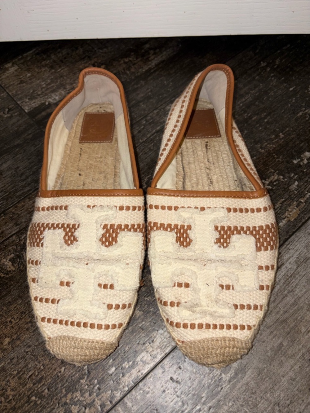 Tory Burch Cream and Brown Woven Espadrille Flats EUC